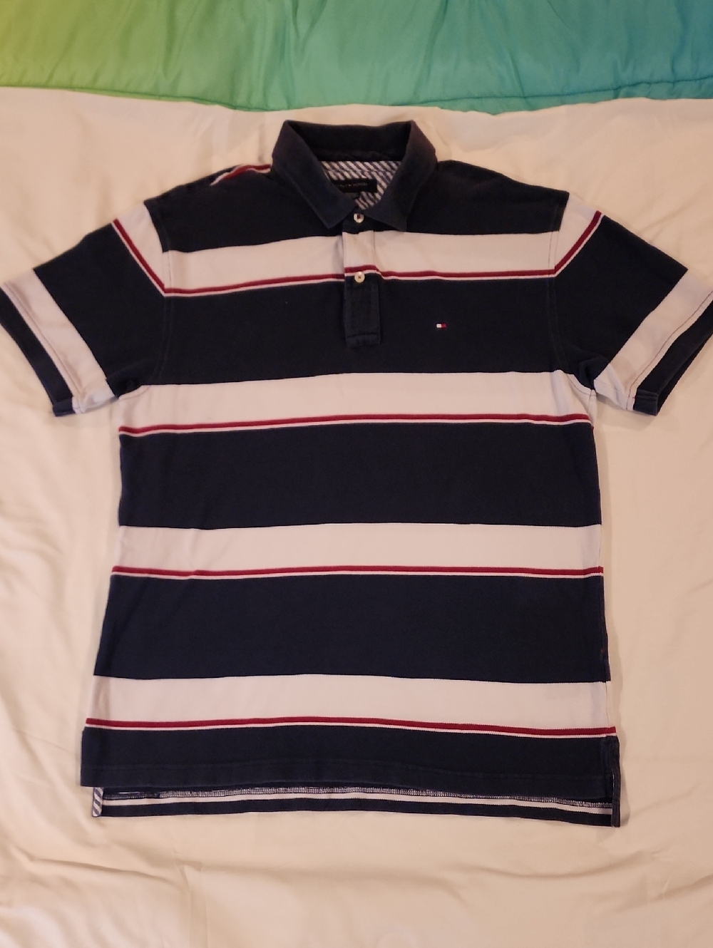 Vintage Tommy Hilfiger Navy & White Striped Polo Shirt. Size XL